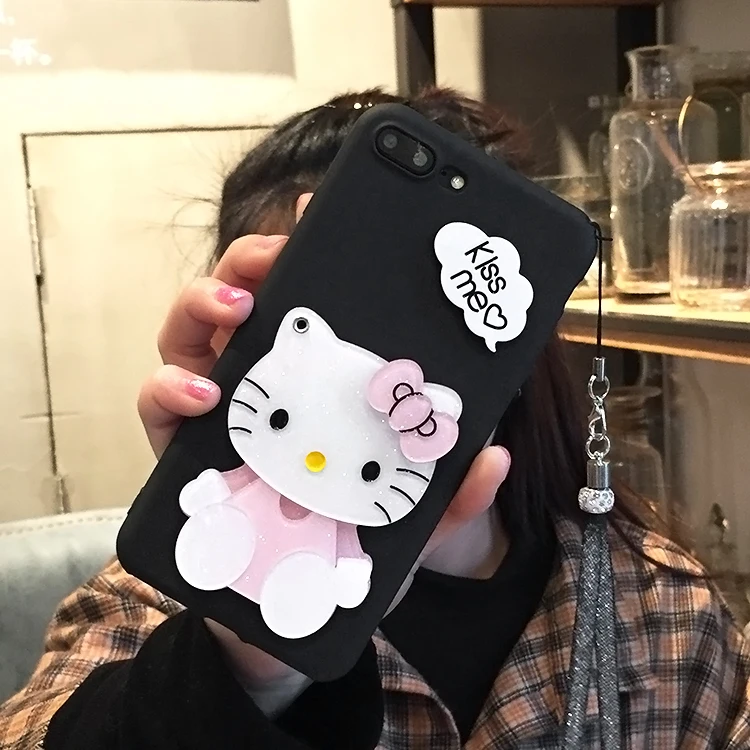 Hello Kitty Cat Cartoon Mirror Matte Soft Phone Cases With Strap