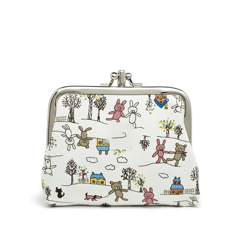 Bear And Flower Canvas Small Mini Bag Coin Plush Wallet