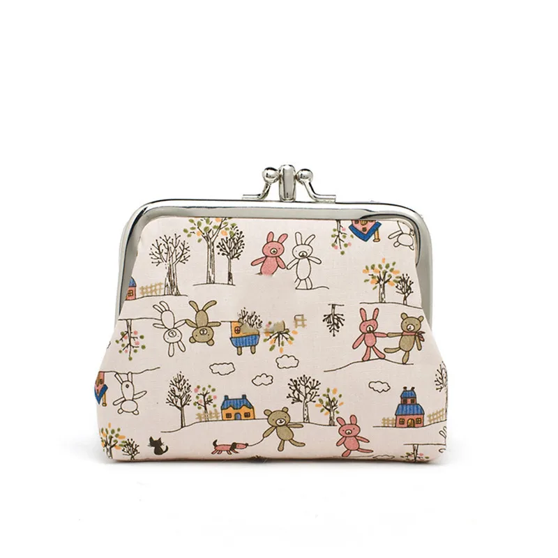 Bear And Flower Canvas Small Mini Bag Coin Plush Wallet