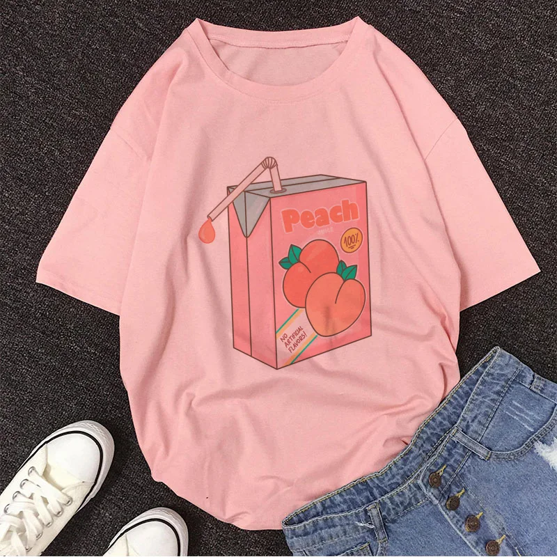 Cartoon Peach Juice Style Print Casual T-Shirt