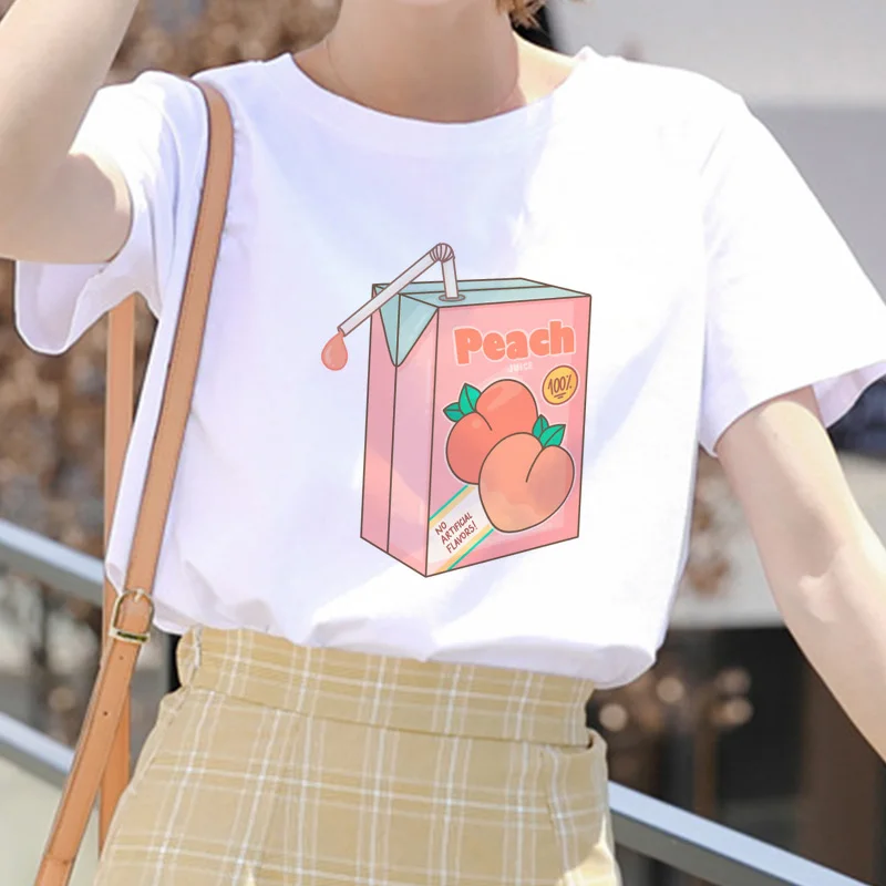 Cartoon Peach Juice Style Print Casual T-Shirt