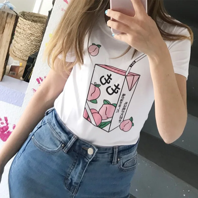 Cartoon Peach Juice Style Print Casual T-Shirt