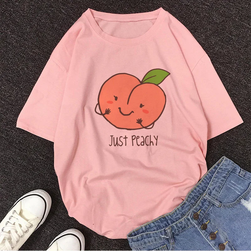 Cartoon Peach Juice Style Print Casual T-Shirt