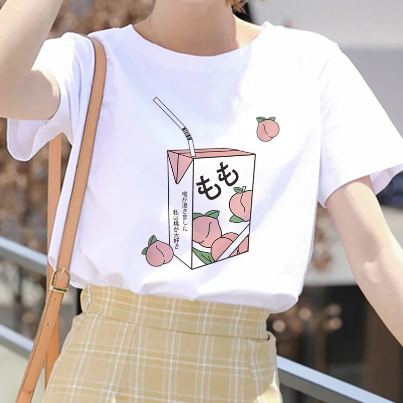 Cartoon Peach Juice Style Print Casual T-Shirt