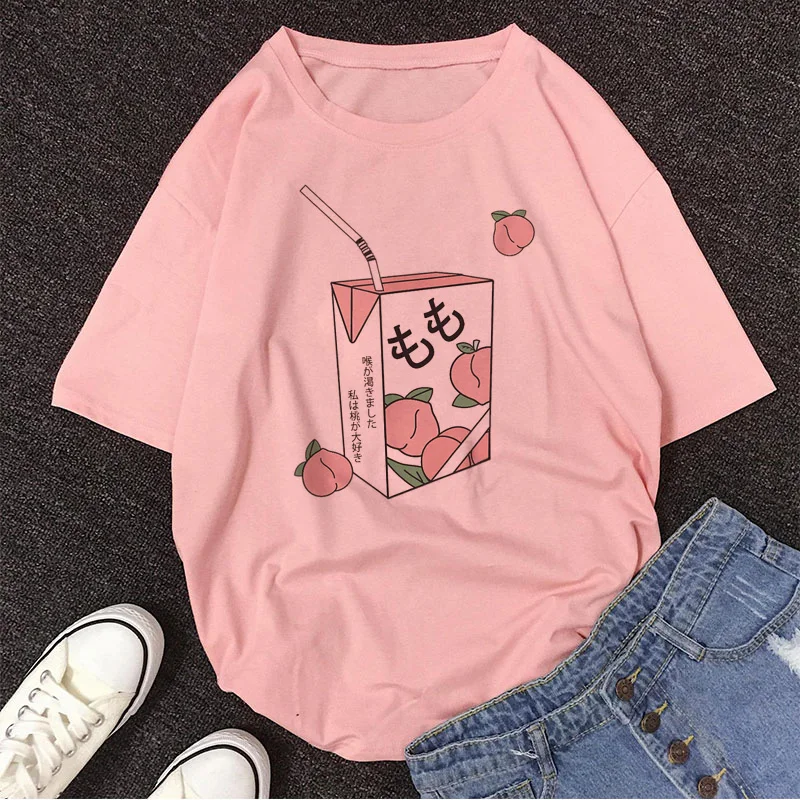 Cartoon Peach Juice Style Print Casual T-Shirt