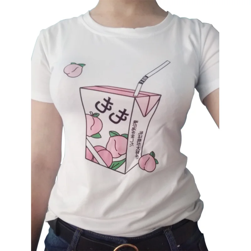 Cartoon Peach Juice Style Print Casual T-Shirt