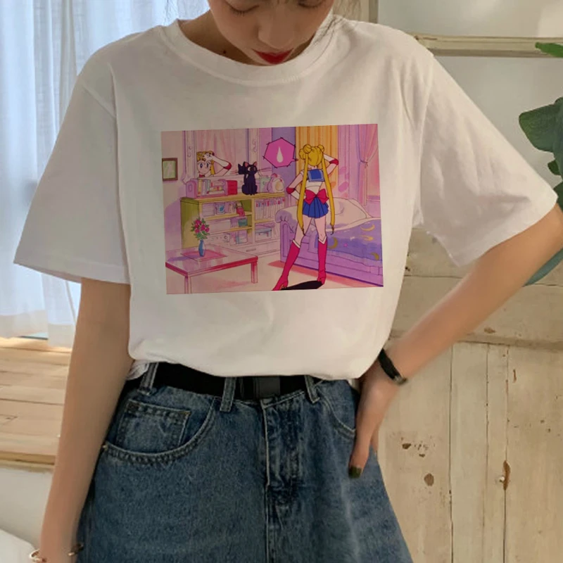 Sailor Moon Cartoon Harajuku Graphic Style Casual Short Sleeve T-Shirt
