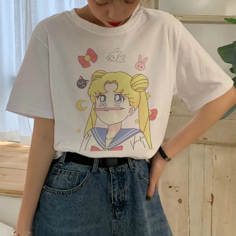 Sailor Moon Cartoon Harajuku Graphic Style Casual Short Sleeve T-Shirt