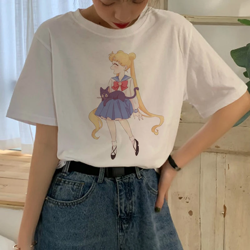Sailor Moon Cartoon Harajuku Graphic Style Casual Short Sleeve T-Shirt
