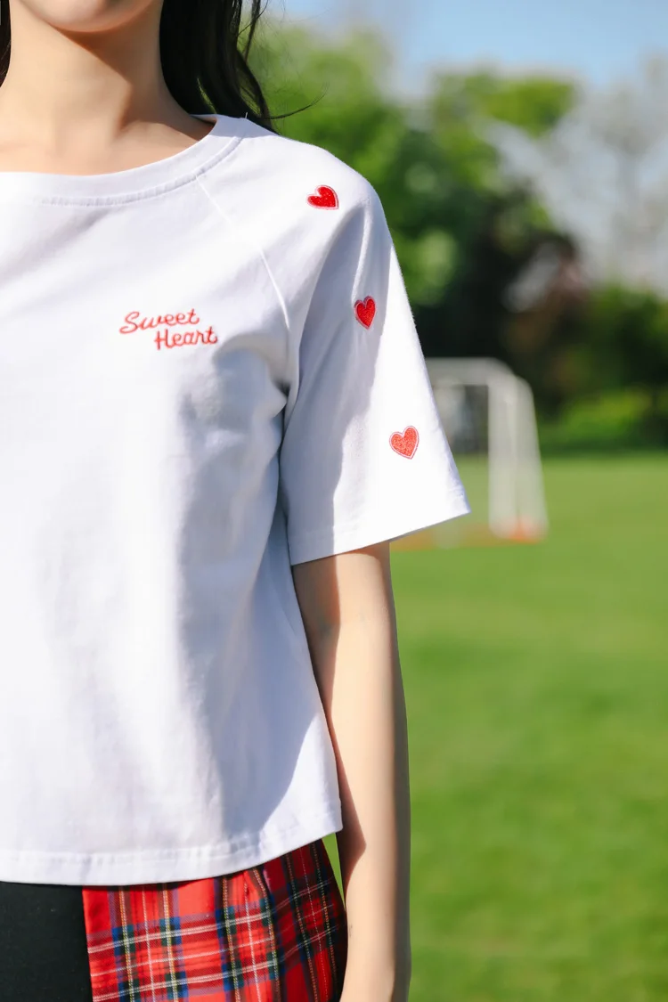 Love Heart Embroidery Style Casual Short Sleeve T-Shirt