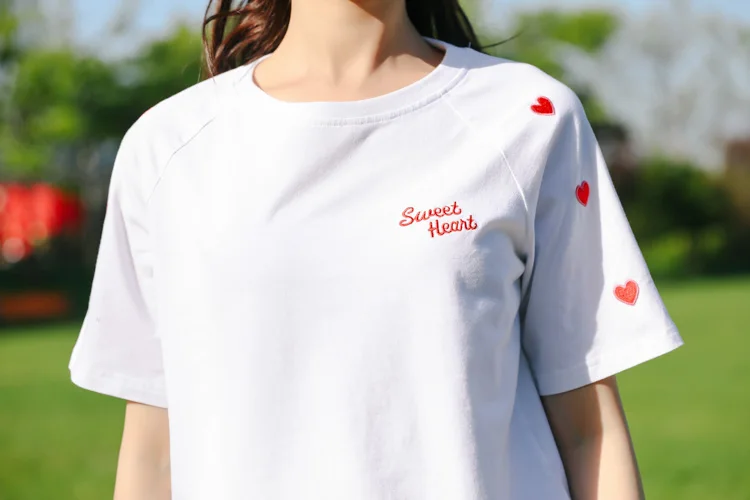 Love Heart Embroidery Style Casual Short Sleeve T-Shirt