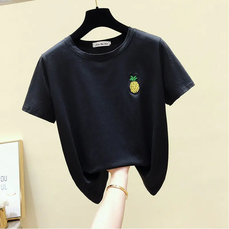 Pineapple Fruit Embroidery Design Short Sleeve Casual T-Shirt