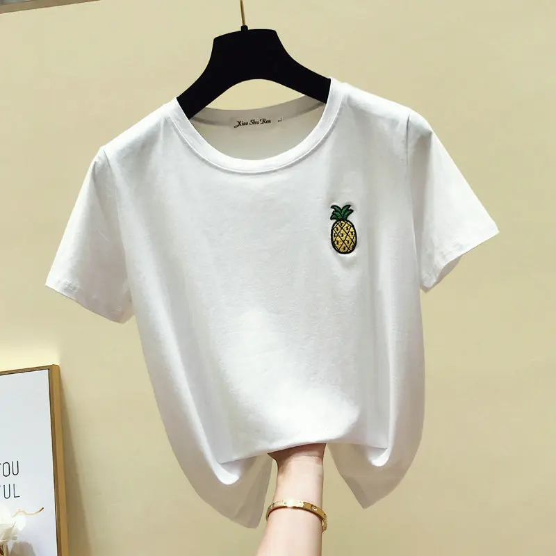 Pineapple Fruit Embroidery Design Short Sleeve Casual T-Shirt