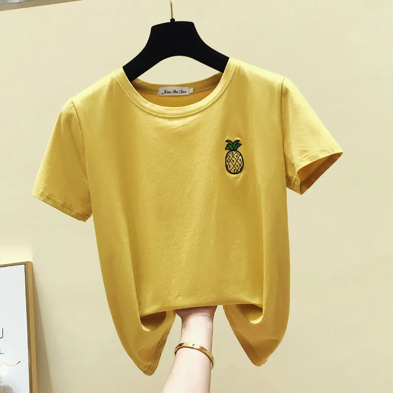 Pineapple Fruit Embroidery Design Short Sleeve Casual T-Shirt