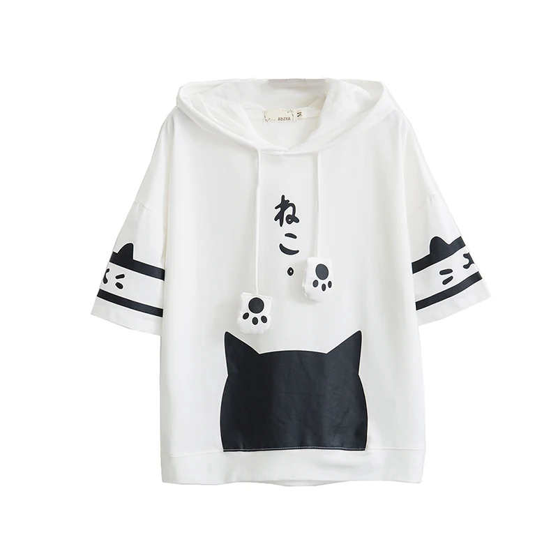 Cat Paw Print Hooded Short Sleeve Cotton T-Shirts