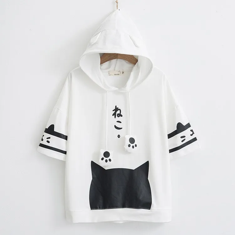 Cat Paw Print Hooded Short Sleeve Cotton T-Shirts