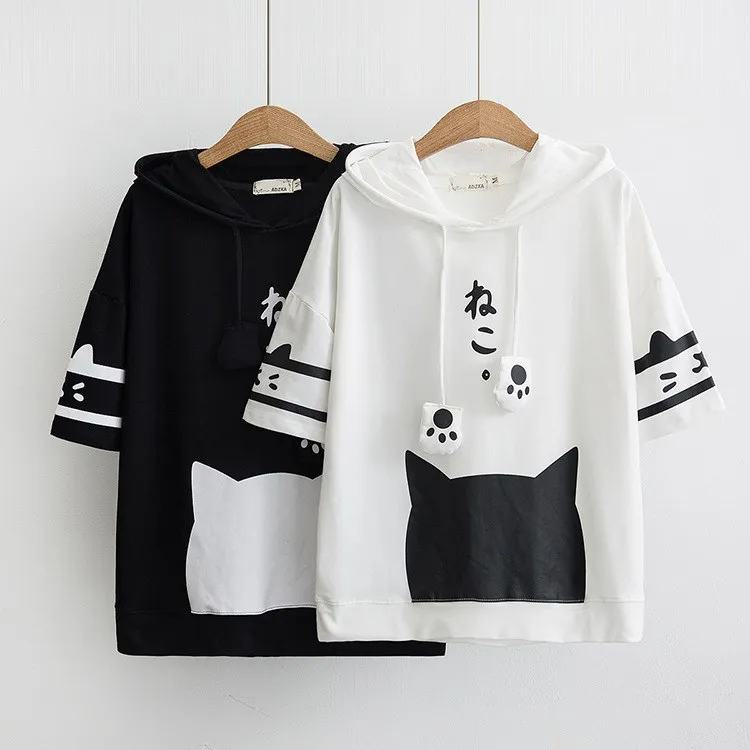 Cat Paw Print Hooded Short Sleeve Cotton T-Shirts