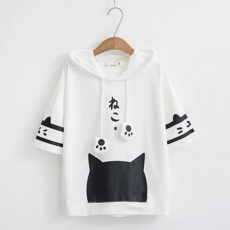 Cat Paw Print Hooded Short Sleeve Cotton T-Shirts