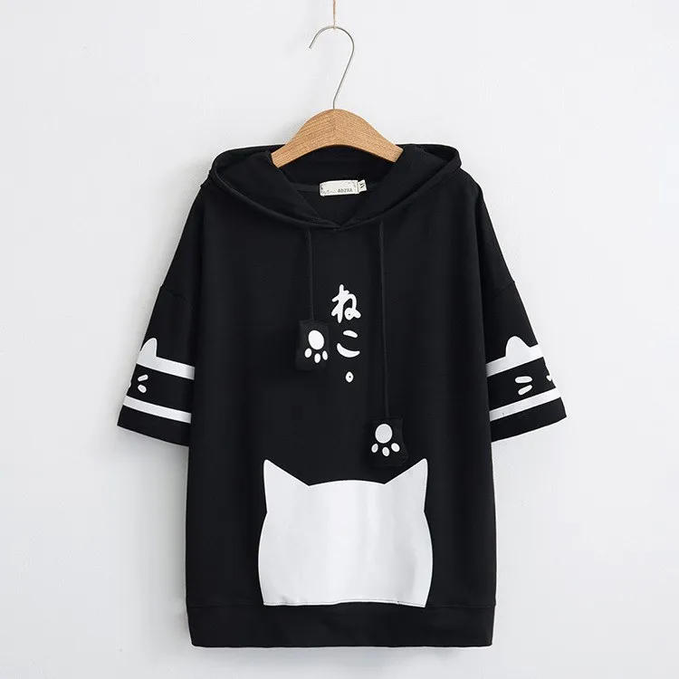 Cat Paw Print Hooded Short Sleeve Cotton T-Shirts