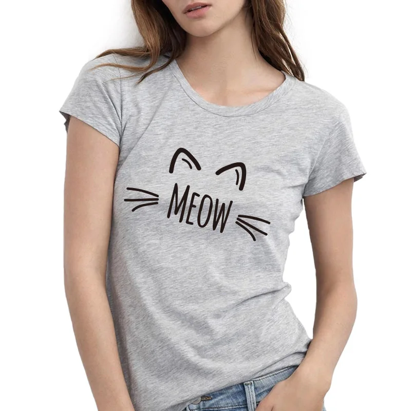 Animal Meow Cat Face Print Cotton T-Shirt