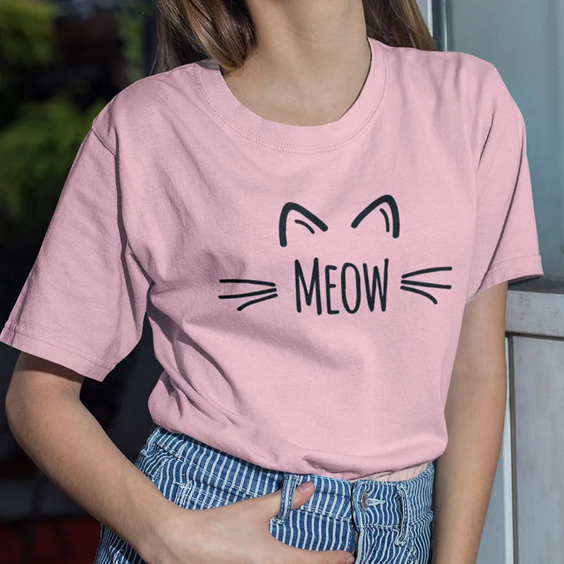 Animal Meow Cat Face Print Cotton T-Shirt