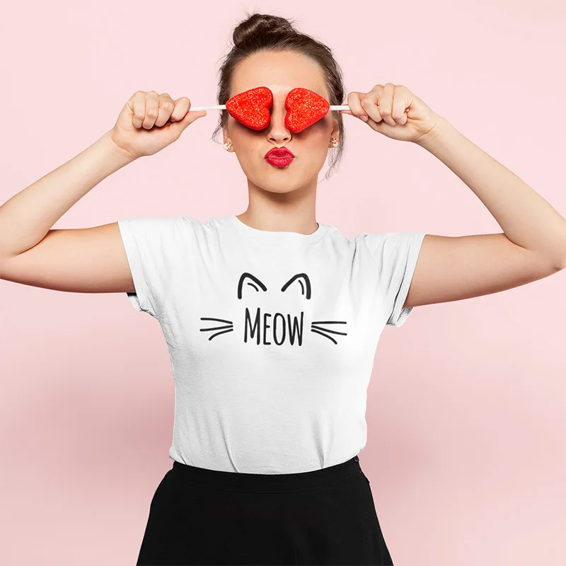 Animal Meow Cat Face Print Cotton T-Shirt
