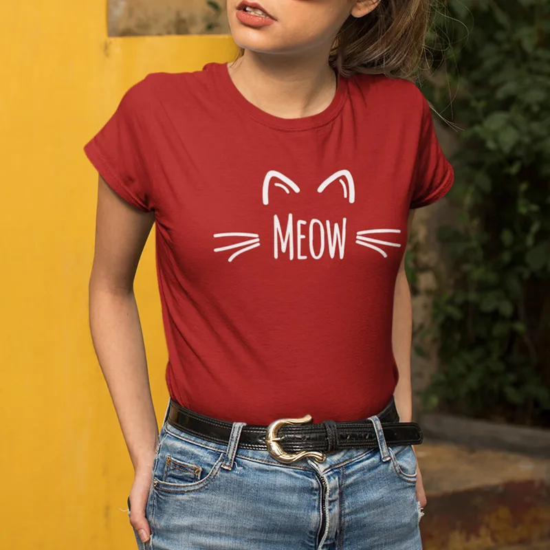 Animal Meow Cat Face Print Cotton T-Shirt