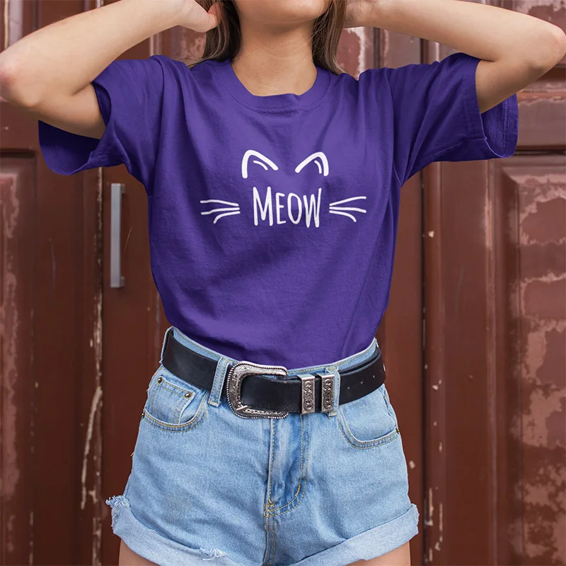 Animal Meow Cat Face Print Cotton T-Shirt