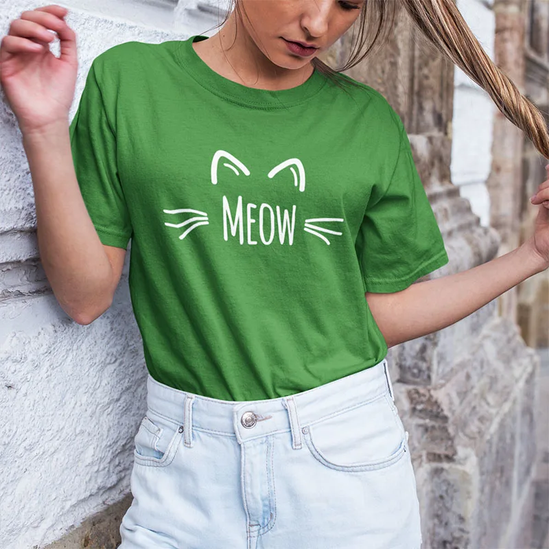Animal Meow Cat Face Print Cotton T-Shirt