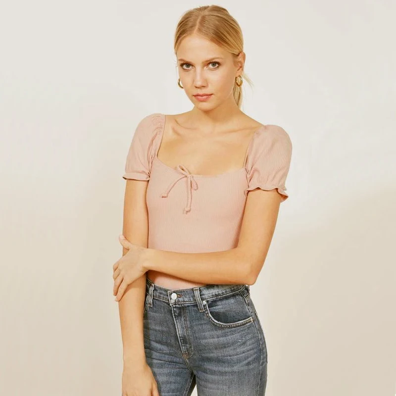 Bow Ruffles Puff Sleeve Square Collar Women Crop Tops