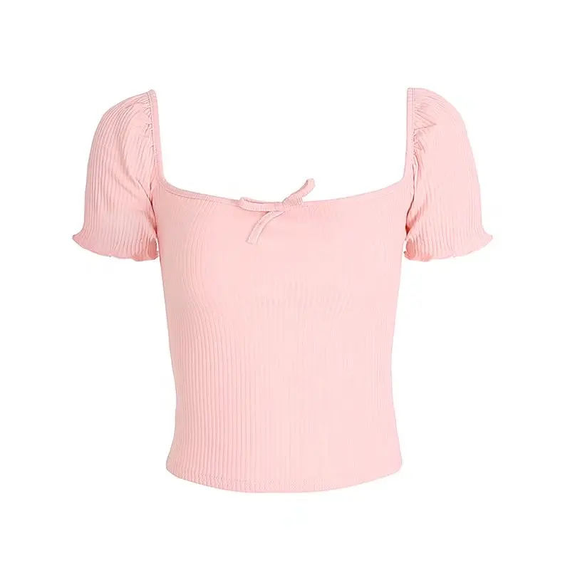 Bow Ruffles Puff Sleeve Square Collar Women Crop Tops