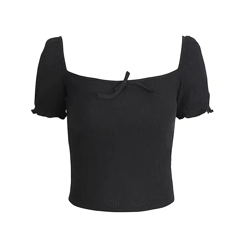 Bow Ruffles Puff Sleeve Square Collar Women Crop Tops