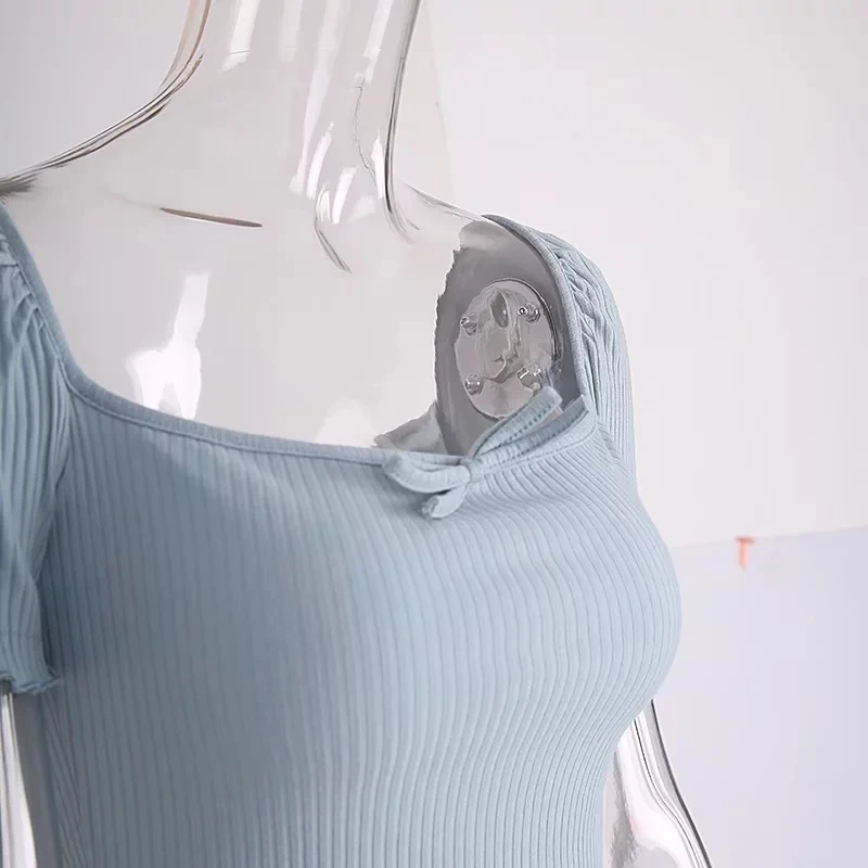 Bow Ruffles Puff Sleeve Square Collar Women Crop Tops