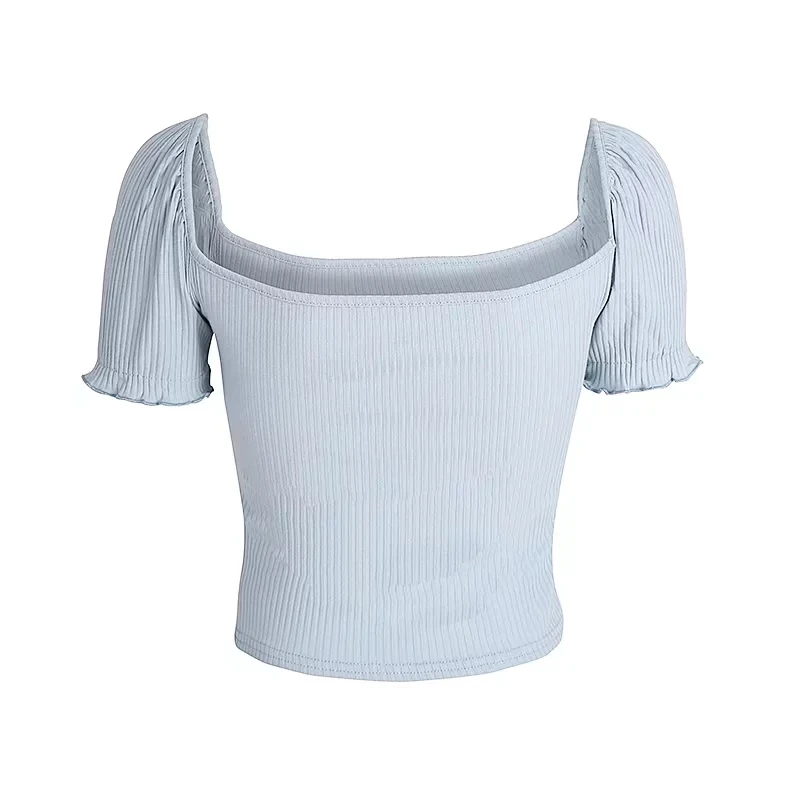Bow Ruffles Puff Sleeve Square Collar Women Crop Tops