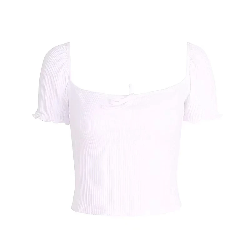 Bow Ruffles Puff Sleeve Square Collar Women Crop Tops
