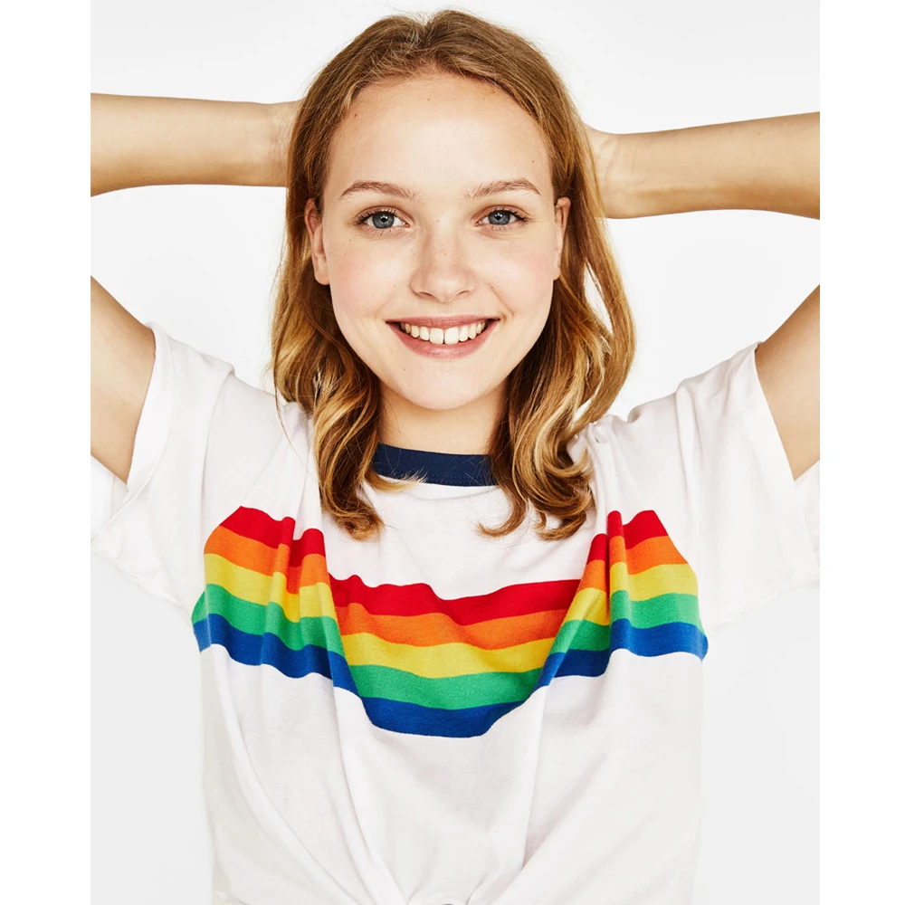 Kawaii Rainbow Striped White Aesthetic T-Shirt