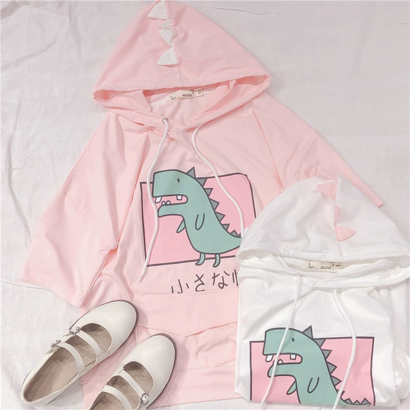 Harajuku Dinosaur Pattern Hooded Short Sleeve T-Shirt