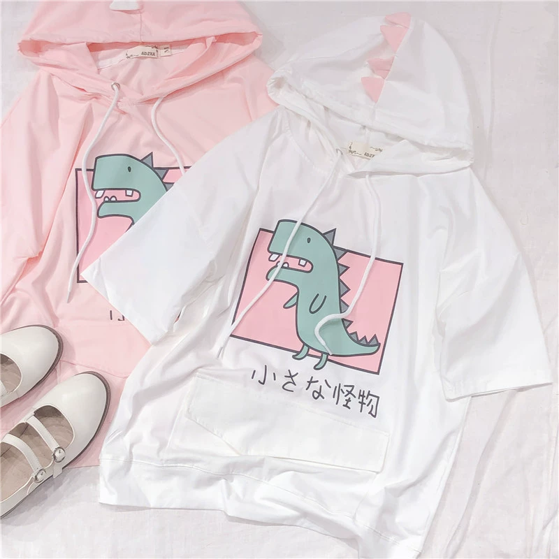 Harajuku Dinosaur Pattern Hooded Short Sleeve T-Shirt