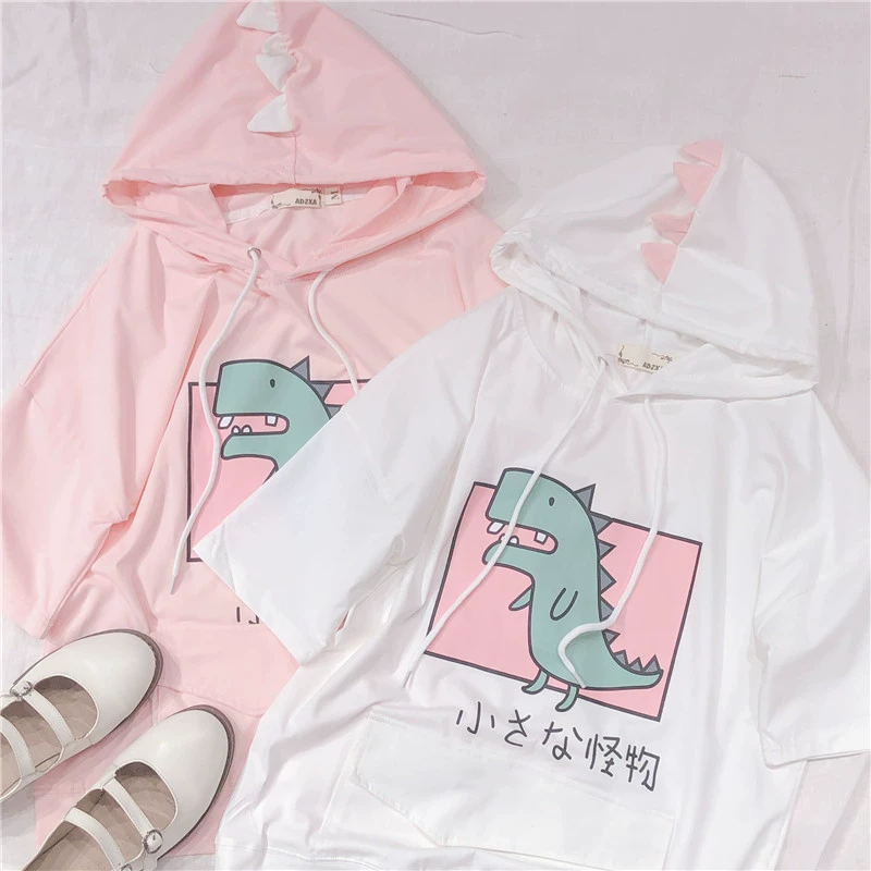 Harajuku Dinosaur Pattern Hooded Short Sleeve T-Shirt