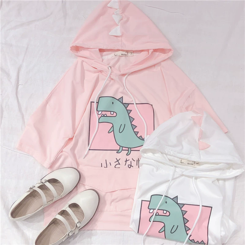 Harajuku Dinosaur Pattern Hooded Short Sleeve T-Shirt