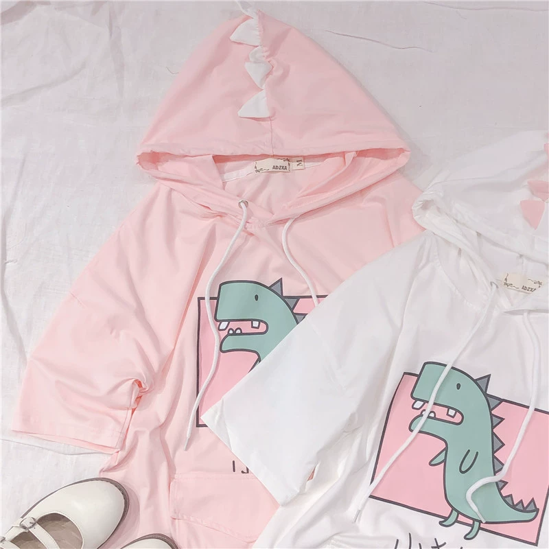Harajuku Dinosaur Pattern Hooded Short Sleeve T-Shirt