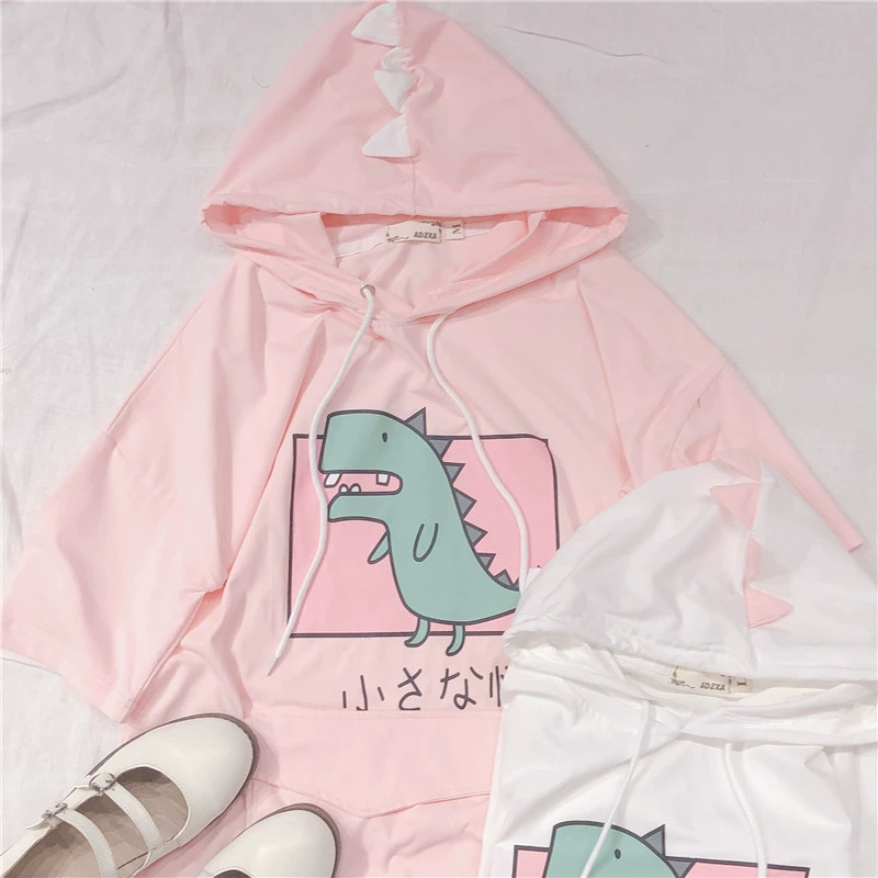 Harajuku Dinosaur Pattern Hooded Short Sleeve T-Shirt