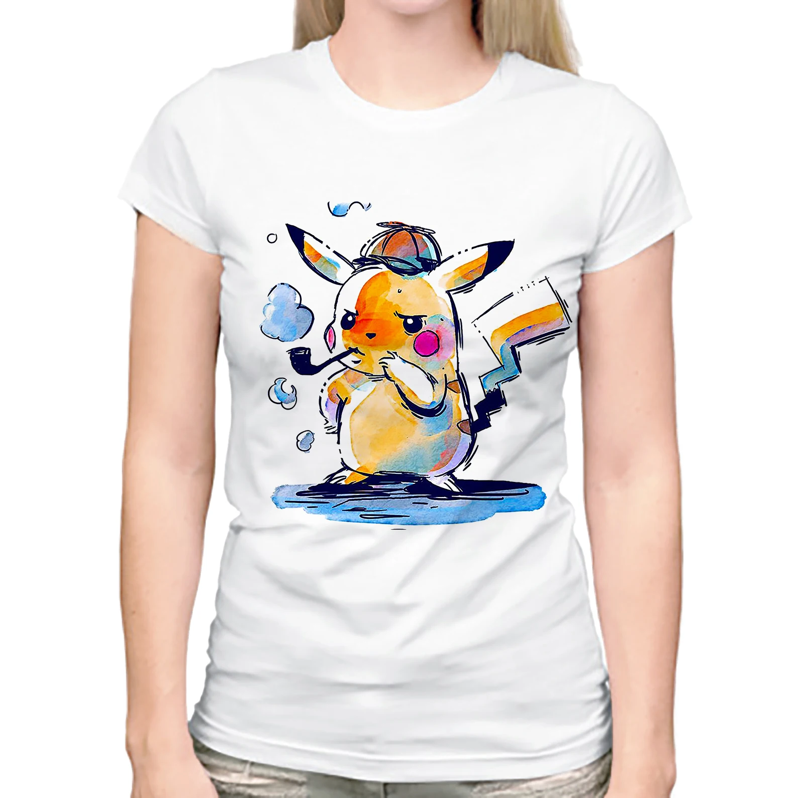 Watercolor Detective Pikachu Cartoon Casual Short Sleeve T-Shirts
