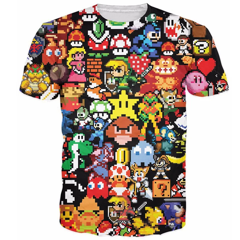 3D Anime Pikachu Kirby Mario Chocobo Print T-Shirt