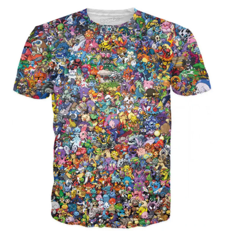 3D Anime Pikachu Kirby Mario Chocobo Print T-Shirt