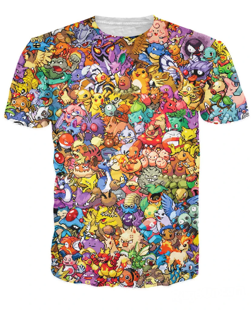3D Anime Pikachu Kirby Mario Chocobo Print T-Shirt
