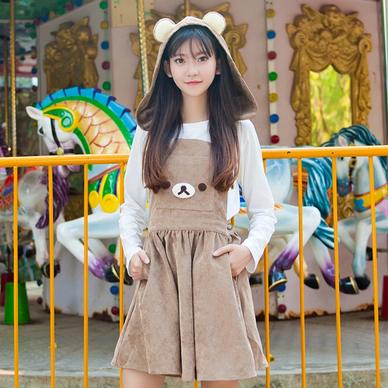 Kawaii Rilakkuma Brown Bear Suspender Overalls Skirt Lolita Dress