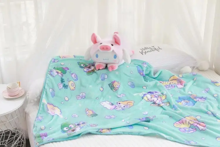 Kawaii Cartoon Soft Plush Office Cushion + Coral Velvet Blanket