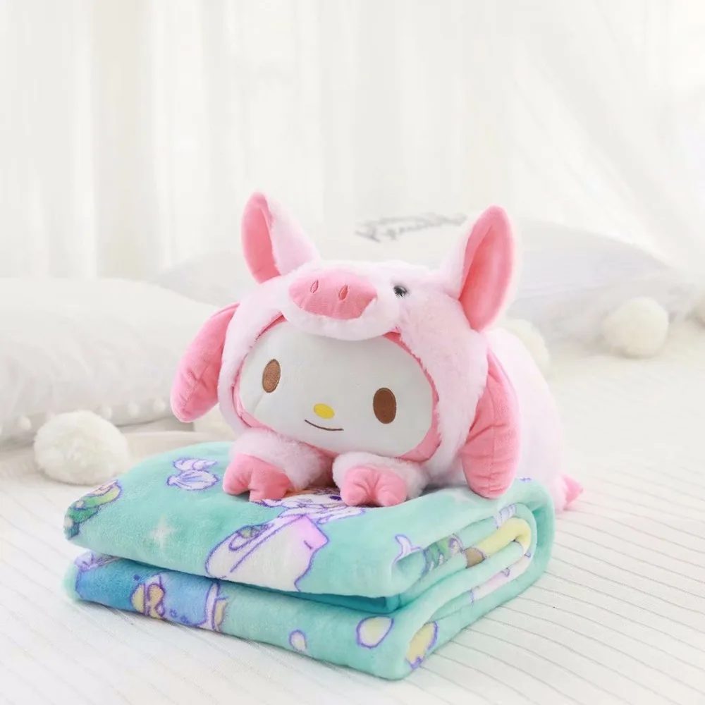 Kawaii Cartoon Soft Plush Office Cushion + Coral Velvet Blanket