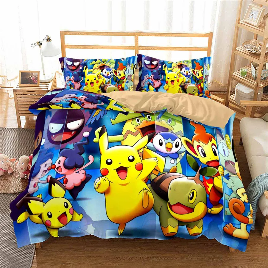 Pokemon Pikachu Cartoon Print Duvet Cover Bedclothes With Pillowcase
